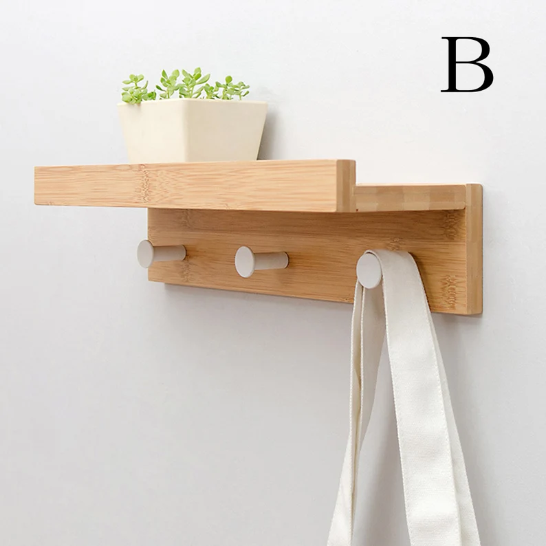 wall mounted key storage rack bamboo wooden long floating shelves wall hooks coat racks