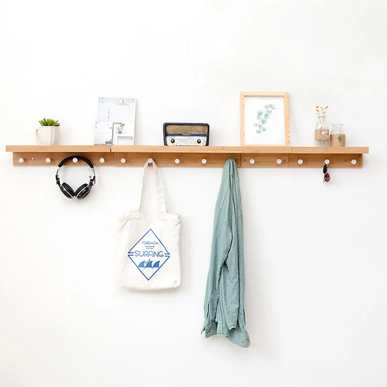 wall mounted key storage rack bamboo wooden long floating shelves wall hooks coat racks