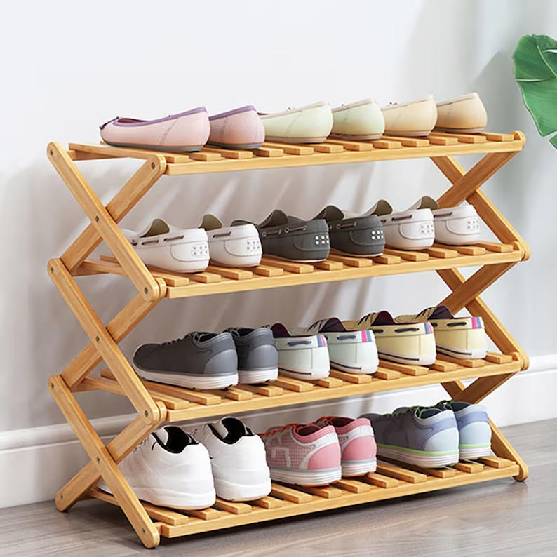 custom logo foldable shoe rack organiser portable 2/3/4/5/6 tier wooden bamboo folding shoe rack organizer