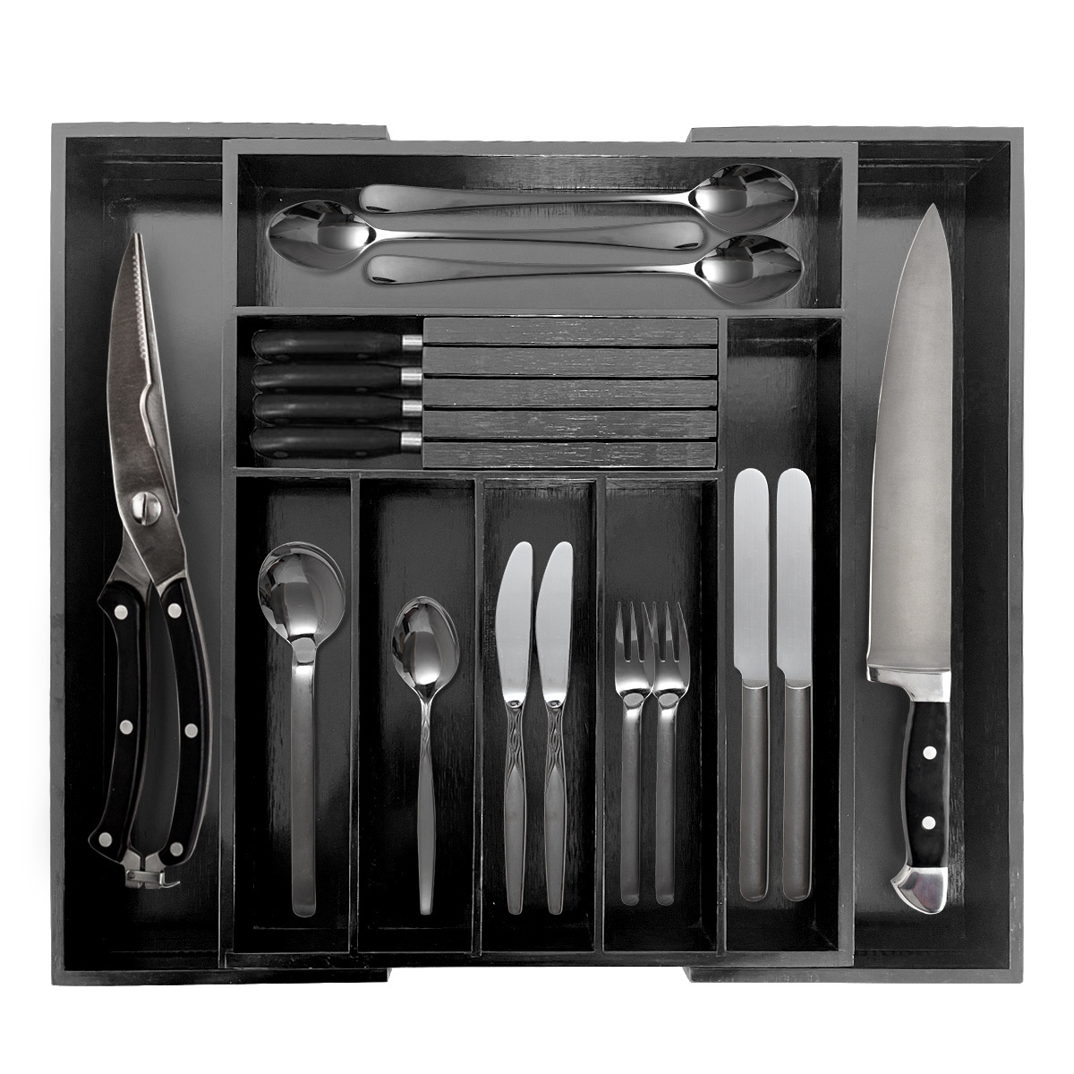 Cabinet organizers adjustable expandable flatware silverware cutlery holder bamboo wooden kitchen utensil drawer organizer