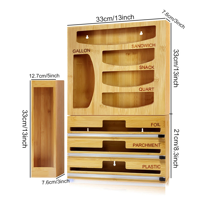 Cabinet organizers Ziplock bag storage organizer 9 in 1 bamboo foil and plastic wrap organizer for drawer