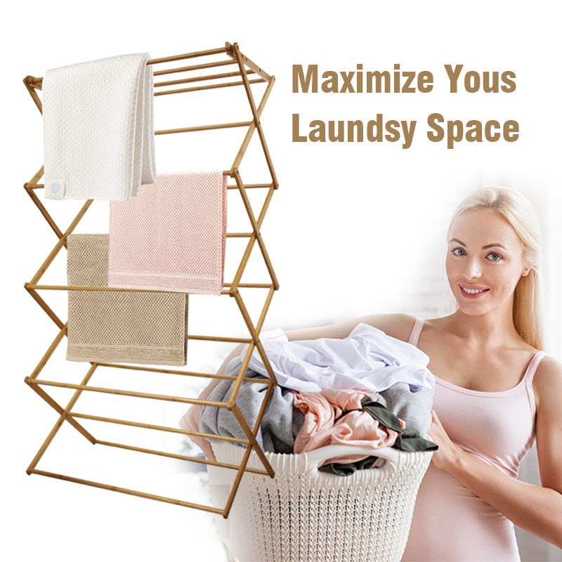 bamboo wood foldable hanging clothes 3 layer cloth drying stand laundry dryer rack stand laundry drying rack wall mount