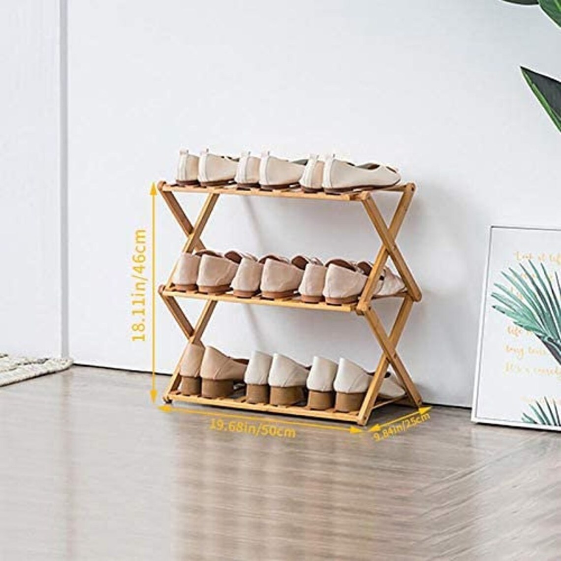 portable 3 tiers large capacity adjustable collapsible bamboo wooden folding shoe rack organizer