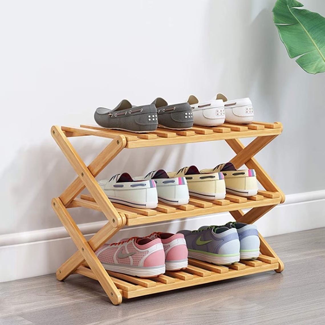 portable 3 tiers large capacity adjustable collapsible bamboo wooden folding shoe rack organizer