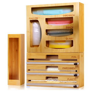 Cabinet organizers Ziplock bag storage organizer 9 in 1 bamboo foil and plastic wrap organizer for drawer