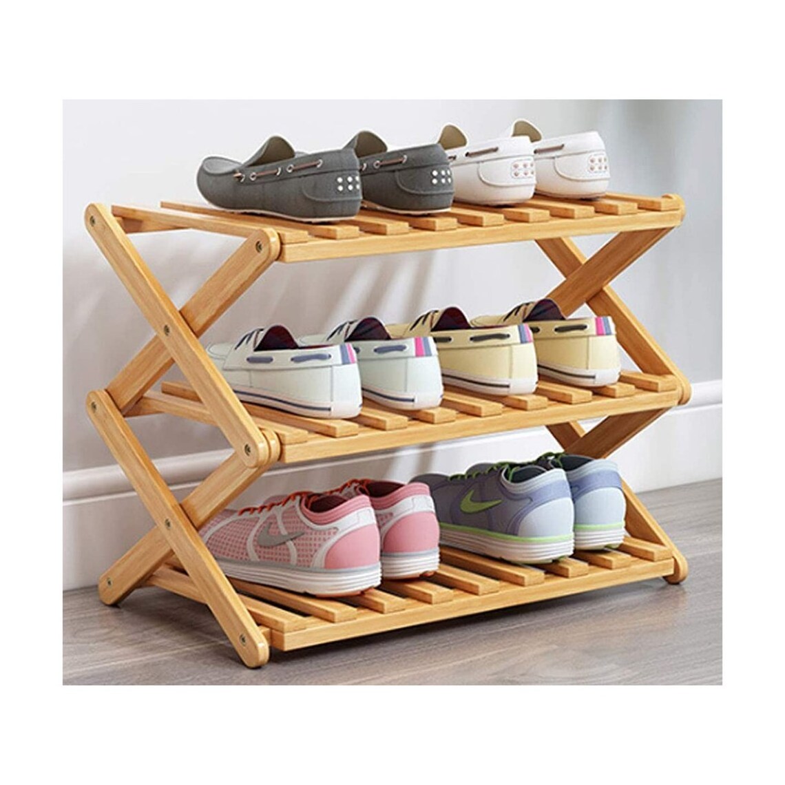 portable 3 tiers large capacity adjustable collapsible bamboo wooden folding shoe rack organizer