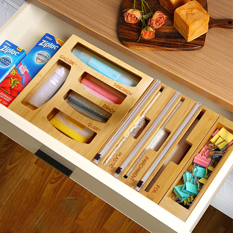 Cabinet organizers Ziplock bag storage organizer 9 in 1 bamboo foil and plastic wrap organizer for drawer