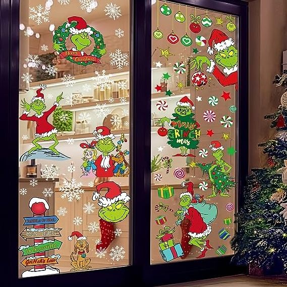 Pack of 9 Sheets Christmas Double-Sided Window Stickers with Christmas Tree Snowflakes Decals for Christmas for Glass