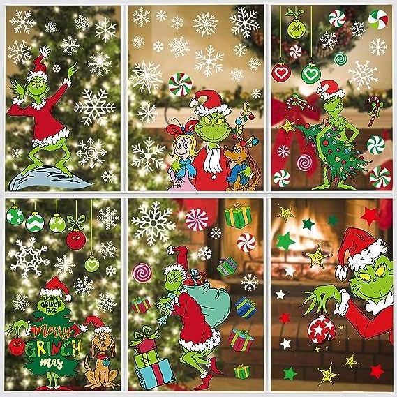 Pack of 9 Sheets Christmas Double-Sided Window Stickers with Christmas Tree Snowflakes Decals for Christmas for Glass