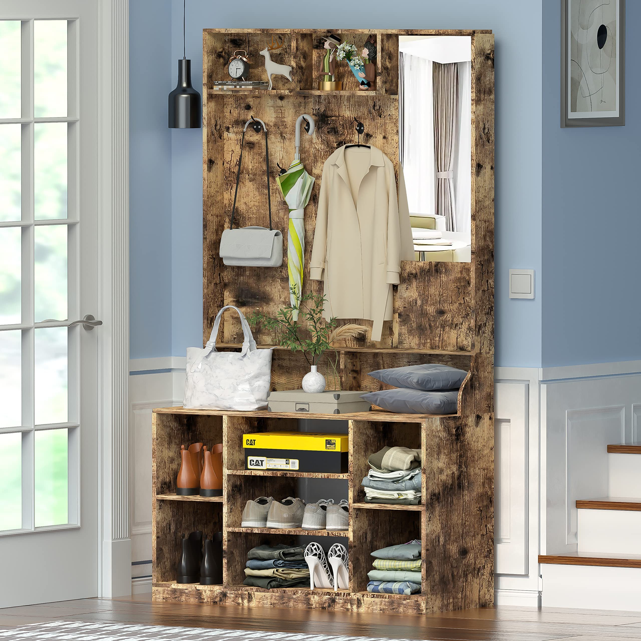 Wooden Coat Clothing  Rack Hangers Hall Tree with Shoe Storage Bench Mirrored Entryway Bench with Coat Rack  for Hallway Mudroom