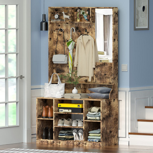 Wooden Coat Clothing  Rack Hangers Hall Tree with Shoe Storage Bench Mirrored Entryway Bench with Coat Rack  for Hallway Mudroom