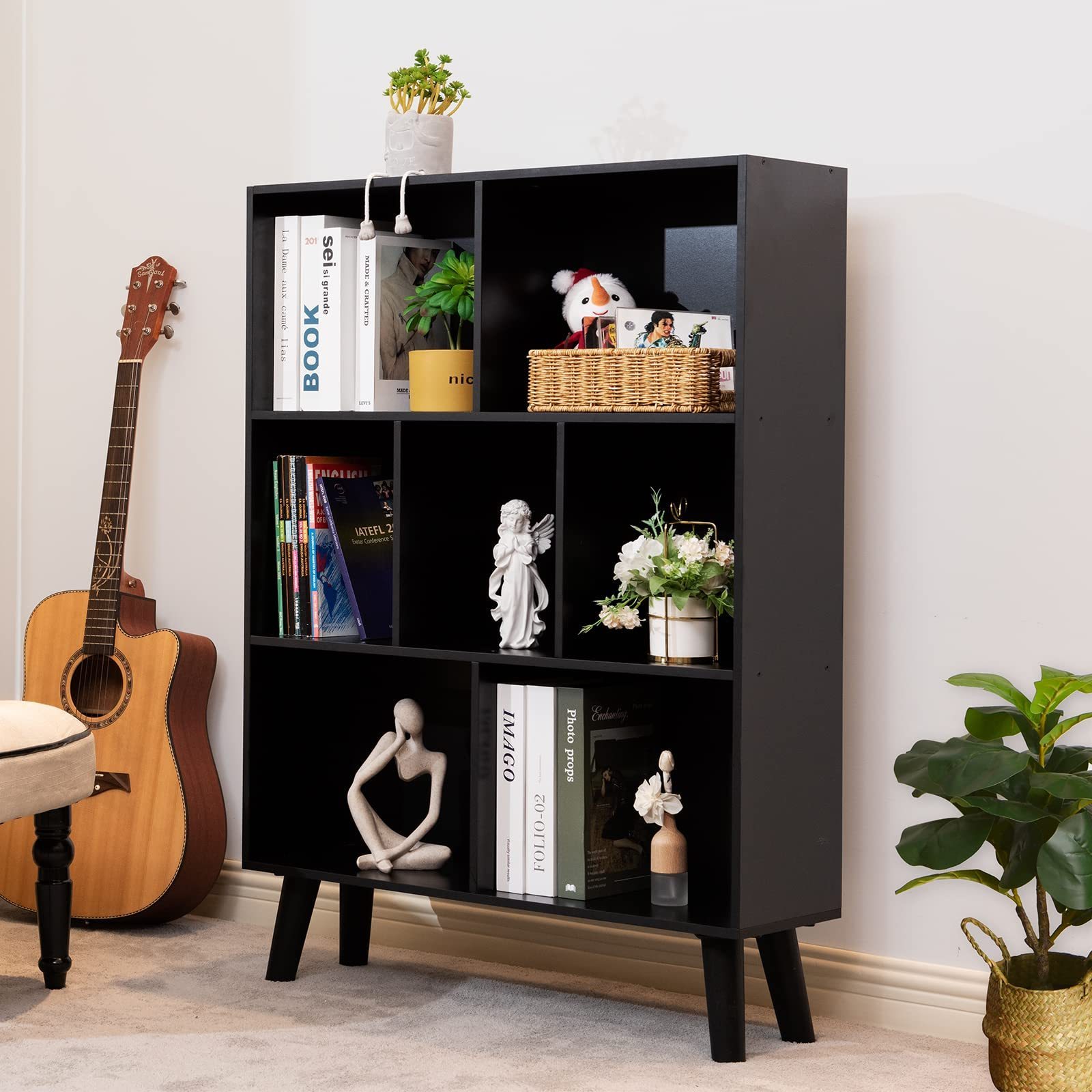 black bookshelf 3 tier modern bookcase with legs bookshelves wood storage shelf open book shelves cube organizer