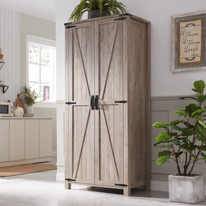 wardrobe cabinet adjustable shelves w/2 barn doors hanging rod versatile storage for bedroom dark Rustic oak