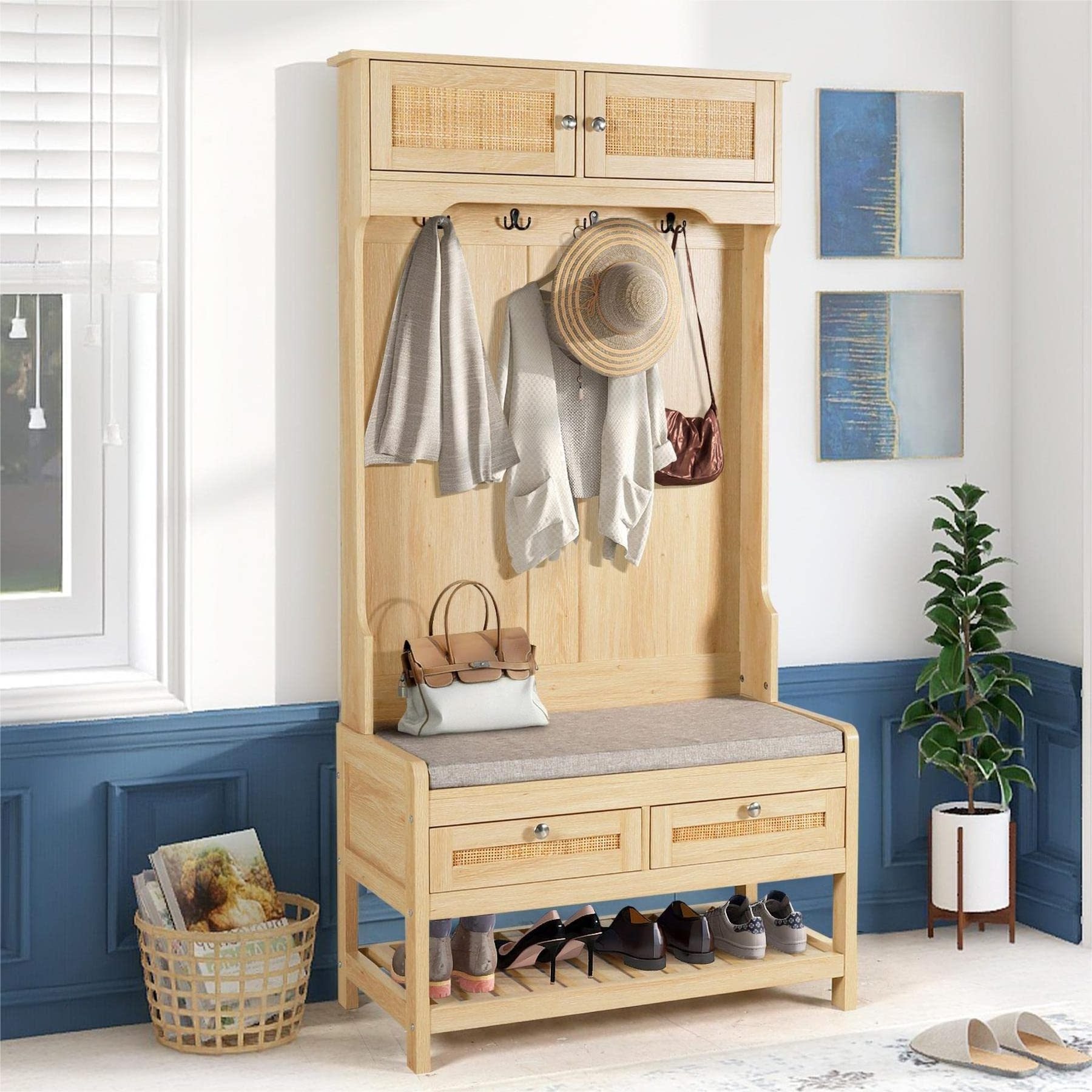 Hall Tree with Shoe Storage Bench Rattan Entryway Bench with Coat Rack Hall Tree with Bench and Shoe Storage for Hallway Mudroom