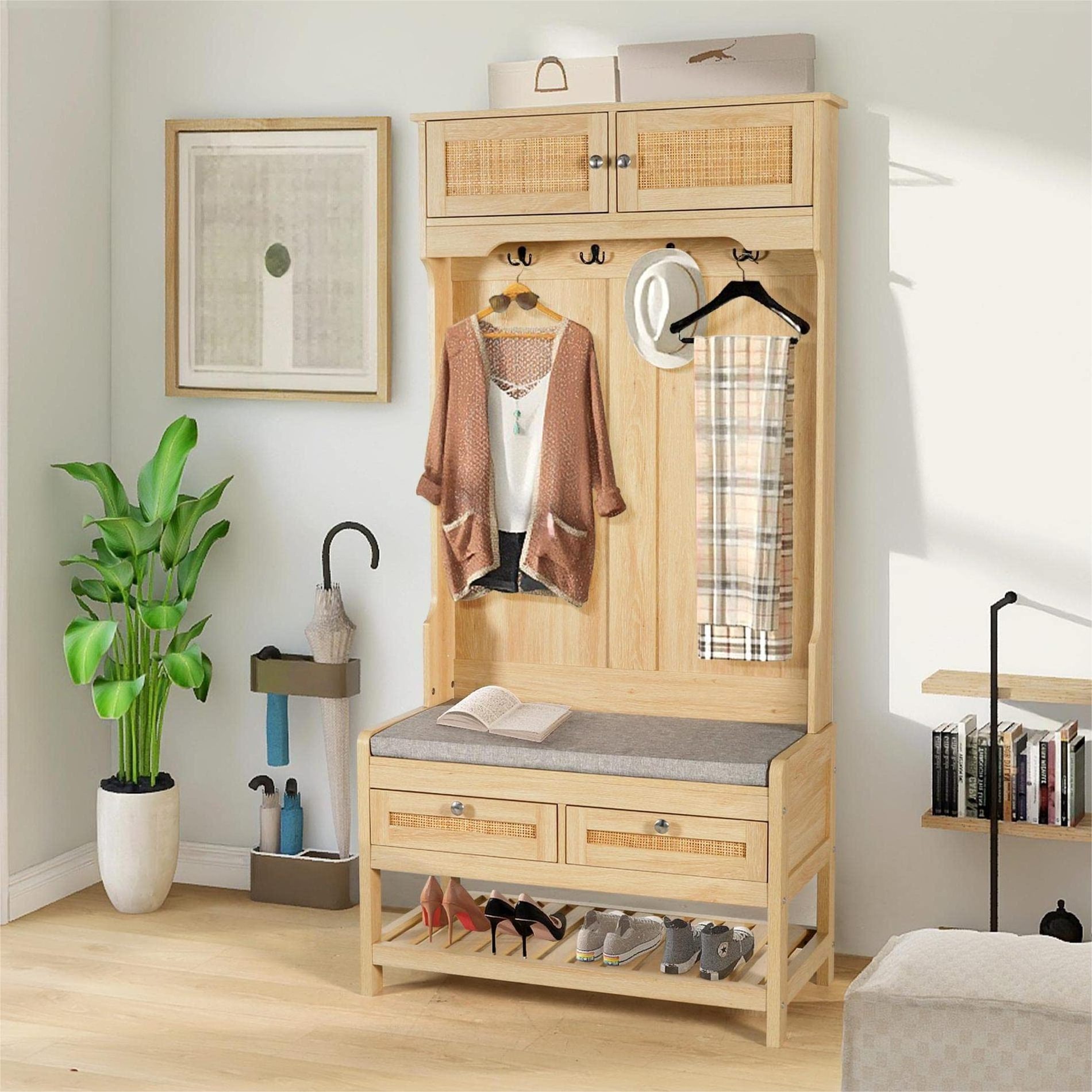 Hall Tree with Shoe Storage Bench Rattan Entryway Bench with Coat Rack Hall Tree with Bench and Shoe Storage for Hallway Mudroom