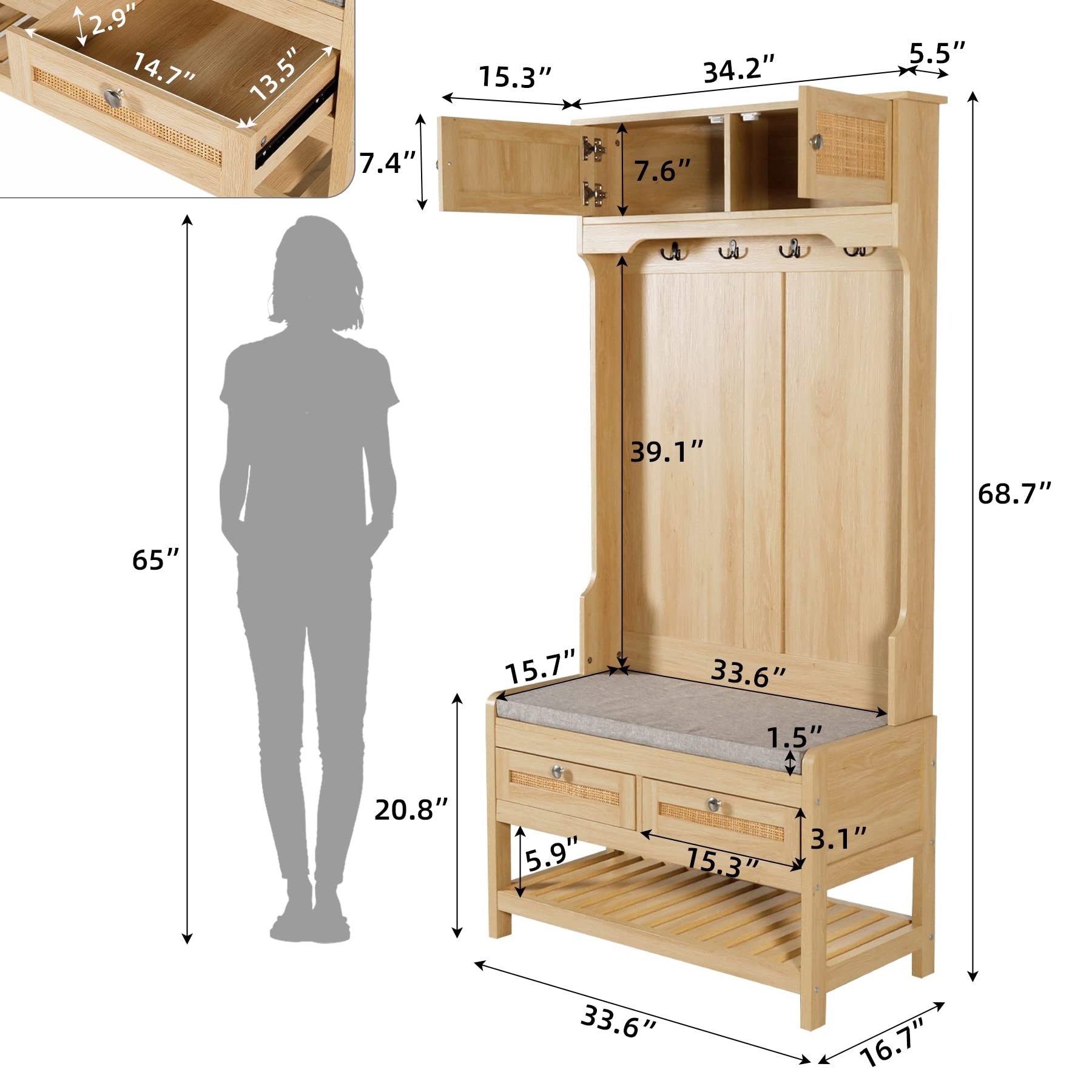 Hall Tree with Shoe Storage Bench Rattan Entryway Bench with Coat Rack Hall Tree with Bench and Shoe Storage for Hallway Mudroom