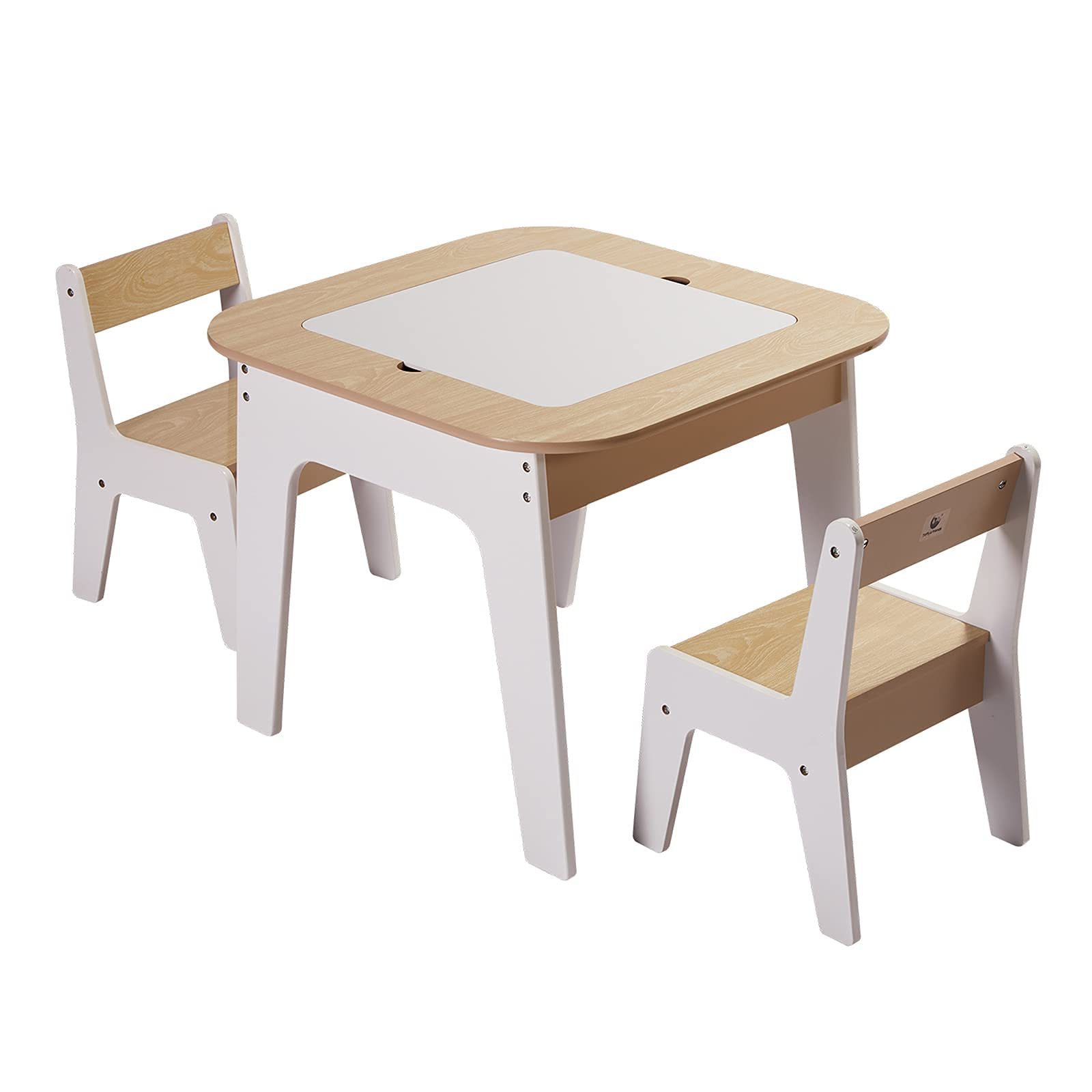 Wooden Children Table and Chairs Set Convertible Set with Storage Space for Toddlers Drawing Reading Art Playroom Activity Table