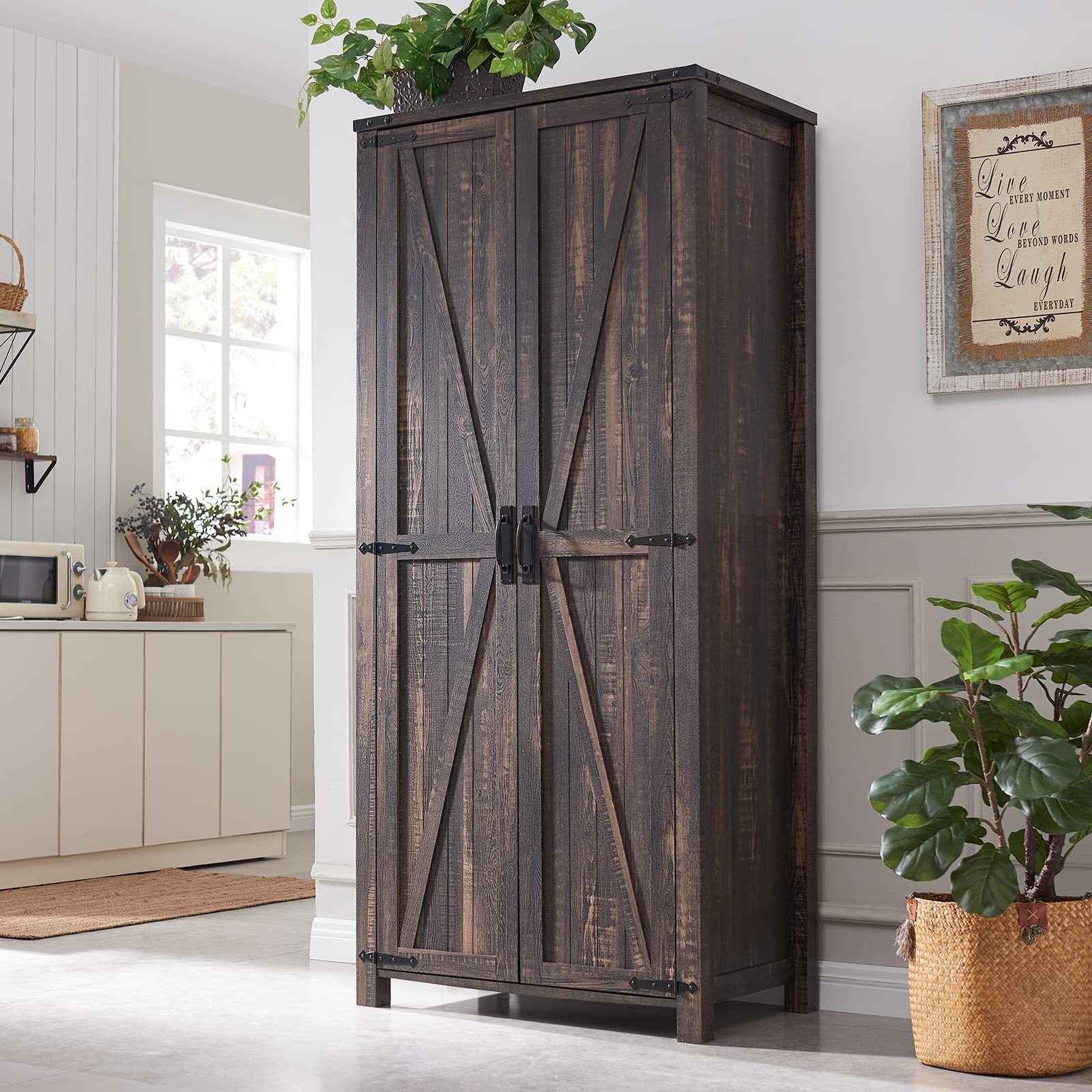 wardrobe cabinet adjustable shelves w/2 barn doors hanging rod versatile storage for bedroom dark Rustic oak