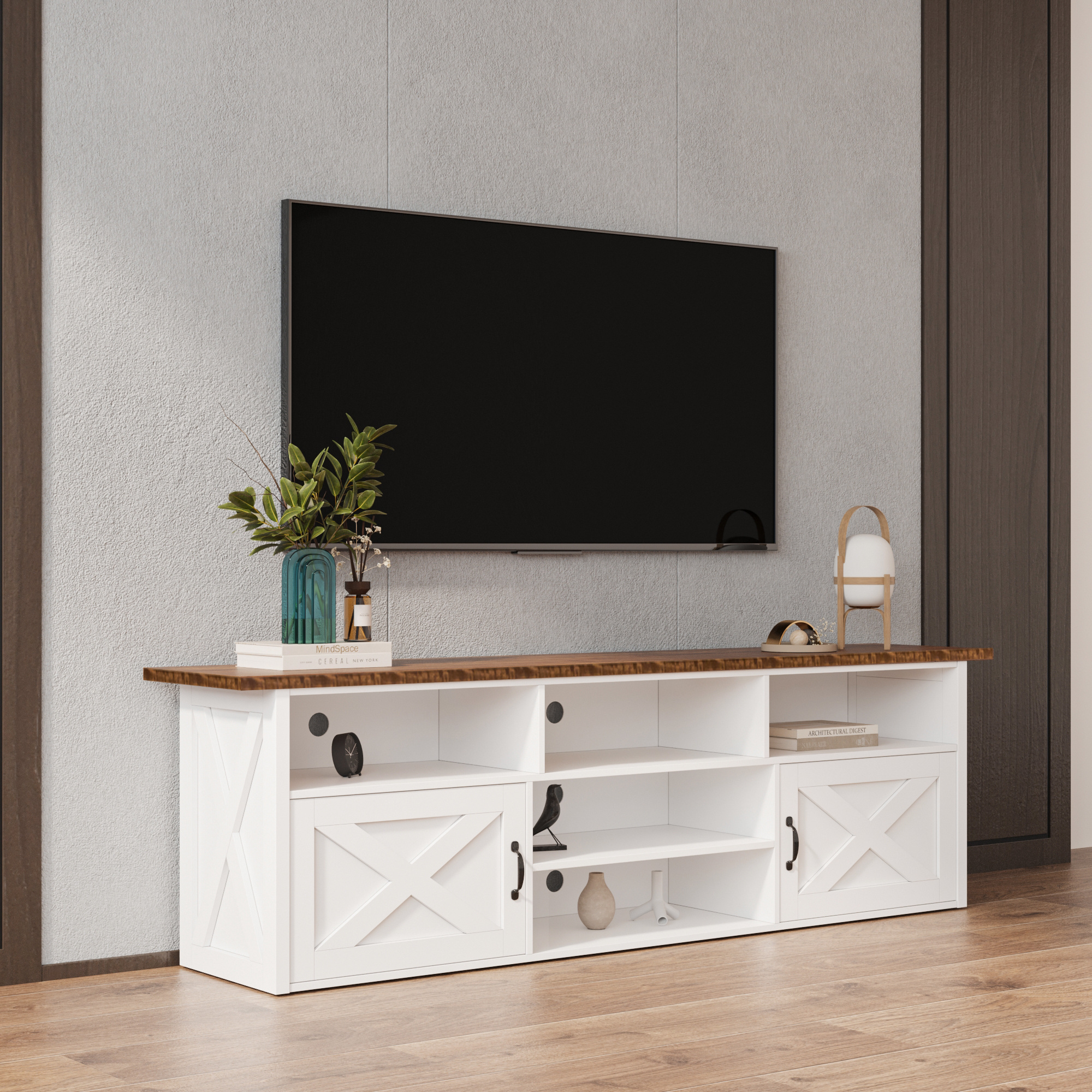 Barn Door TV Stand Cabinet Floating Entertainment Center with 20 Colors LED Modern Wall Mount Shelf Console Table