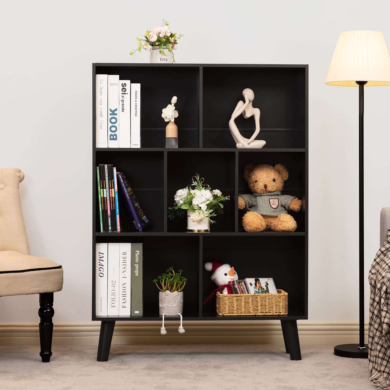 black bookshelf 3 tier modern bookcase with legs bookshelves wood storage shelf open book shelves cube organizer