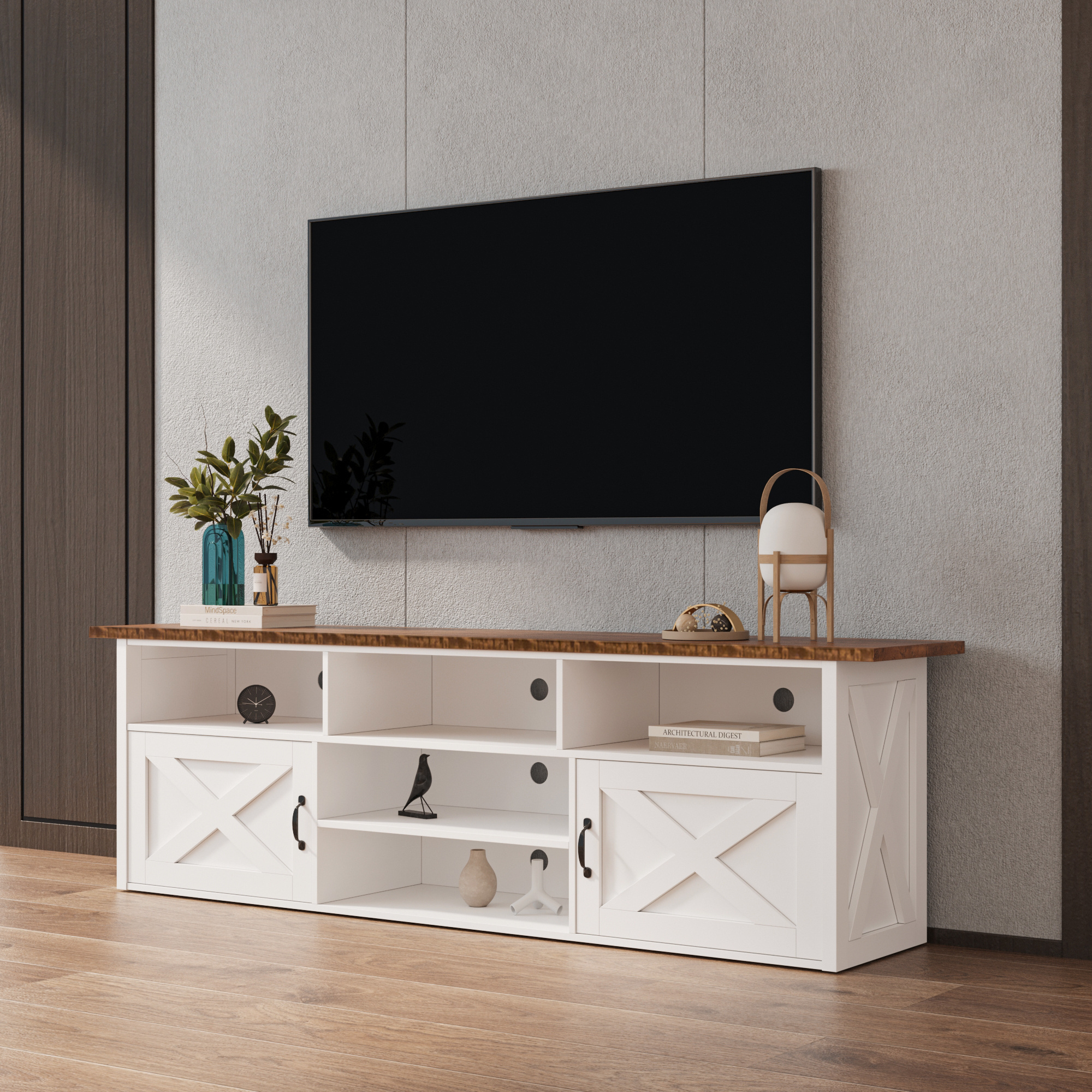 Barn Door TV Stand Cabinet Floating Entertainment Center with 20 Colors LED Modern Wall Mount Shelf Console Table