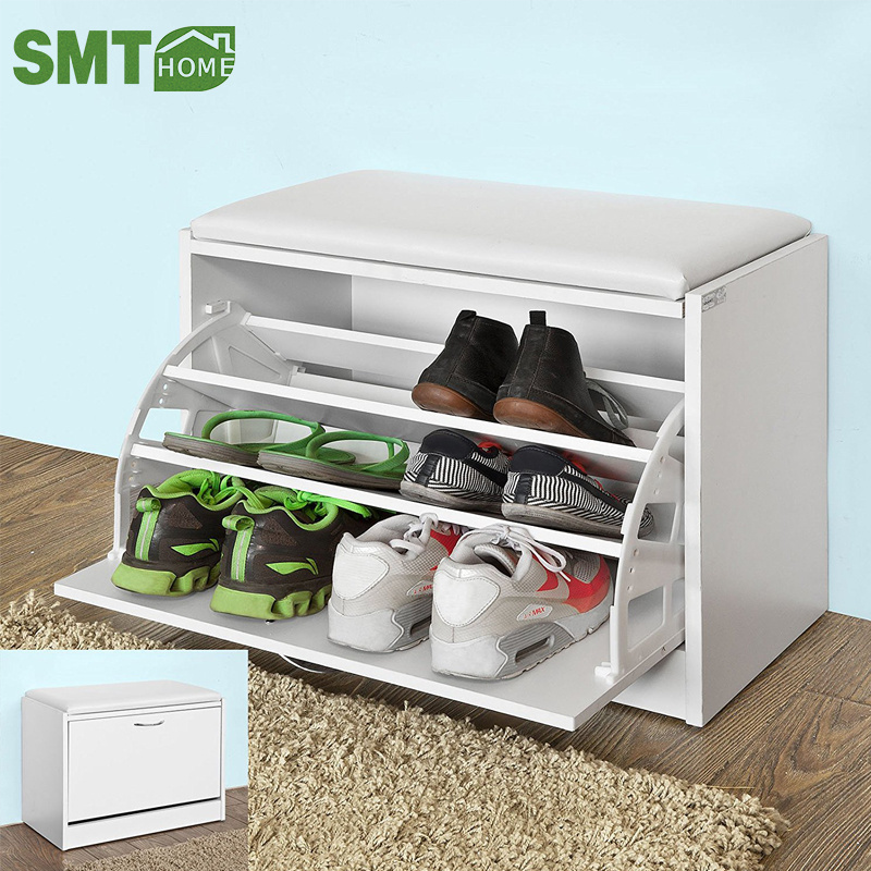 Modern Shoe Storage Bench with Flip-drawer, Shoe Cabinet with Removable Cushioned Seat