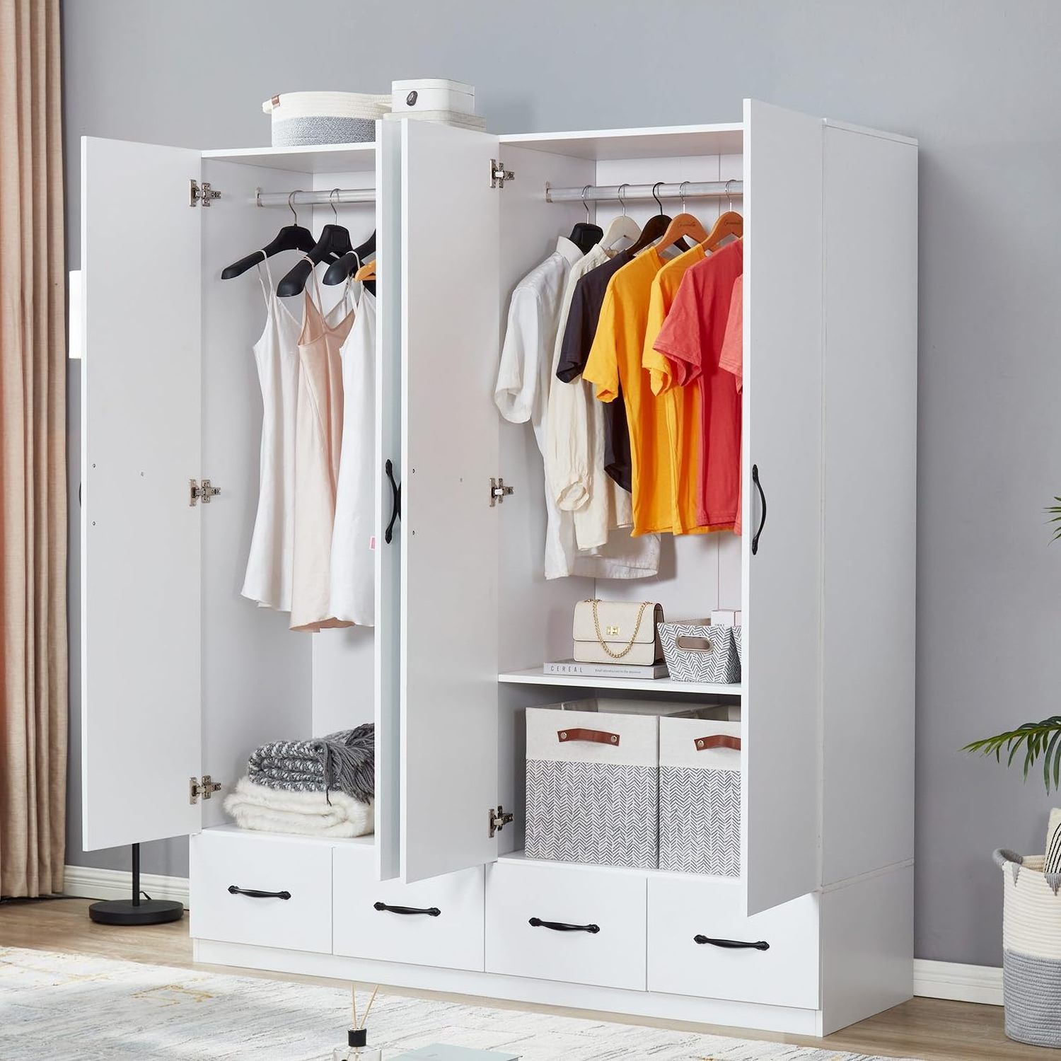 hot selling product 2 door wardrobe armoire with drawer and mirror for bedroom white