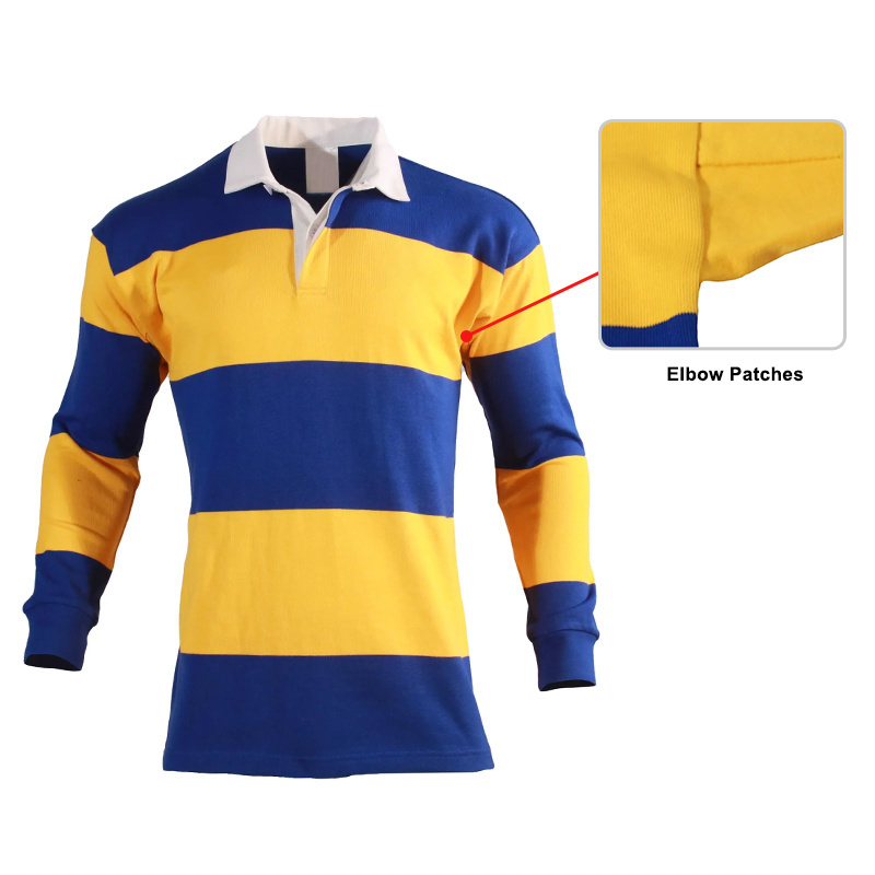 Custom University Organic Stripe Streetwear Rugby Jumper 350gsm Long Sleeve With Elbow Patches Vintage Wash Rugby Polo Shirts