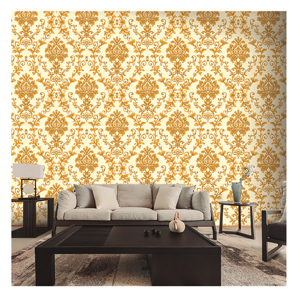 Latest 53cm vinyl waterproof wallpaper Golden Damask Wallpaper peel and stick decorative wallpaper for restaurant