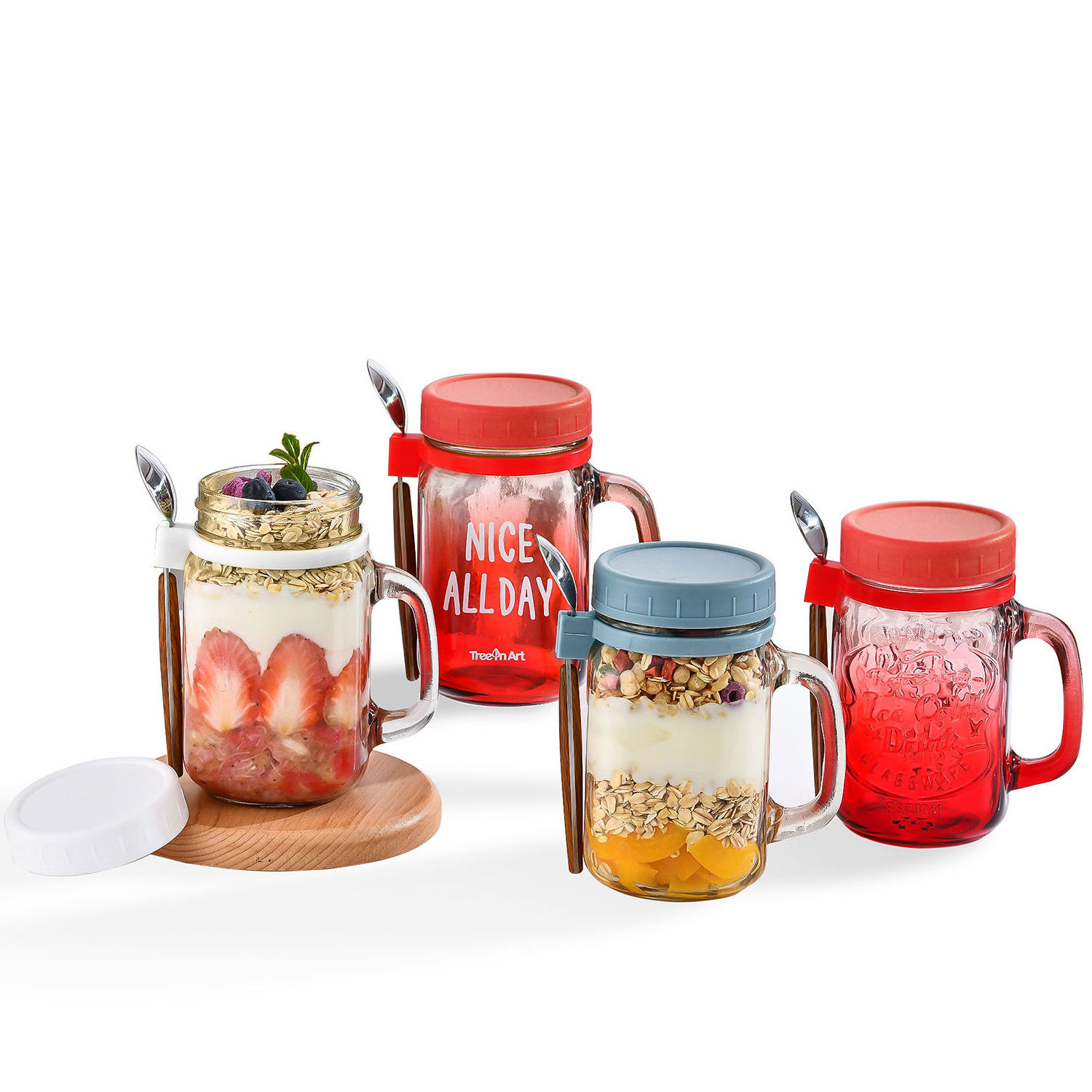 High Performance Oats Jars Oatmeal Container Yogurt Pot Overnight Oat Jars Glass With Spoon