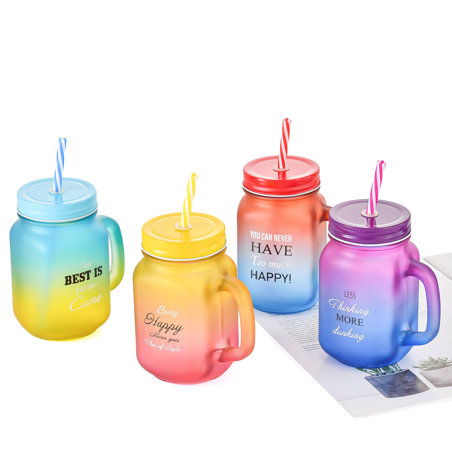 Oem Custom Black Colorful Frosted Sublimation Glass Mug Straw Mason Jar With Handle 24 Oz