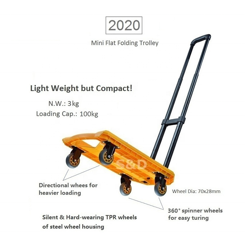 100kg load compact steel  platform flatbed portable retractable 4 wheels folding hand dolly shopping luggage trolley cart truck