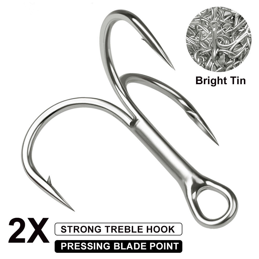 Bright Tin Barbed 2X Strong Treble Hook with Strengthen Blood Trough High Strength Carbon Fishing Tackle Hook