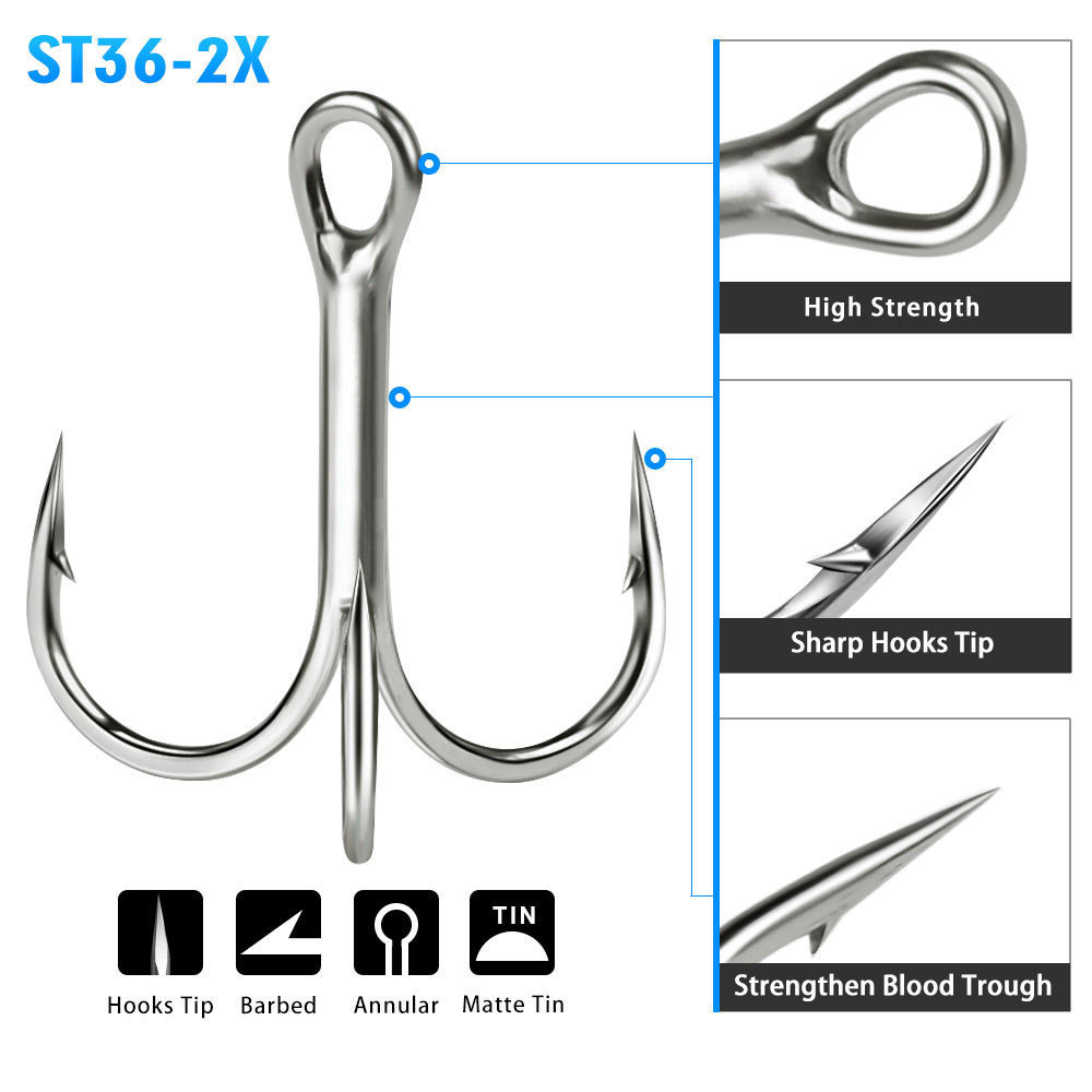 Bright Tin Barbed 2X Strong Treble Hook with Strengthen Blood Trough High Strength Carbon Fishing Tackle Hook