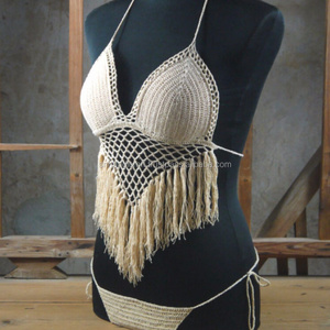 Handmade Boho Bohemian Crochet Bikini Swimsuit Hippy Set Top Tribal Tassel Beach