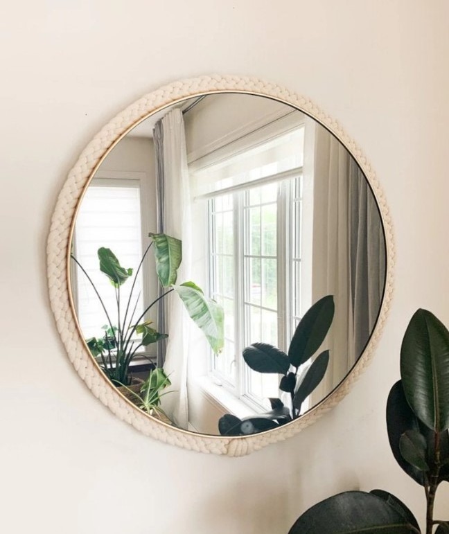 Round mirror with gold edge and braided trim / macrame / wall decor / bohemian / nursery decor