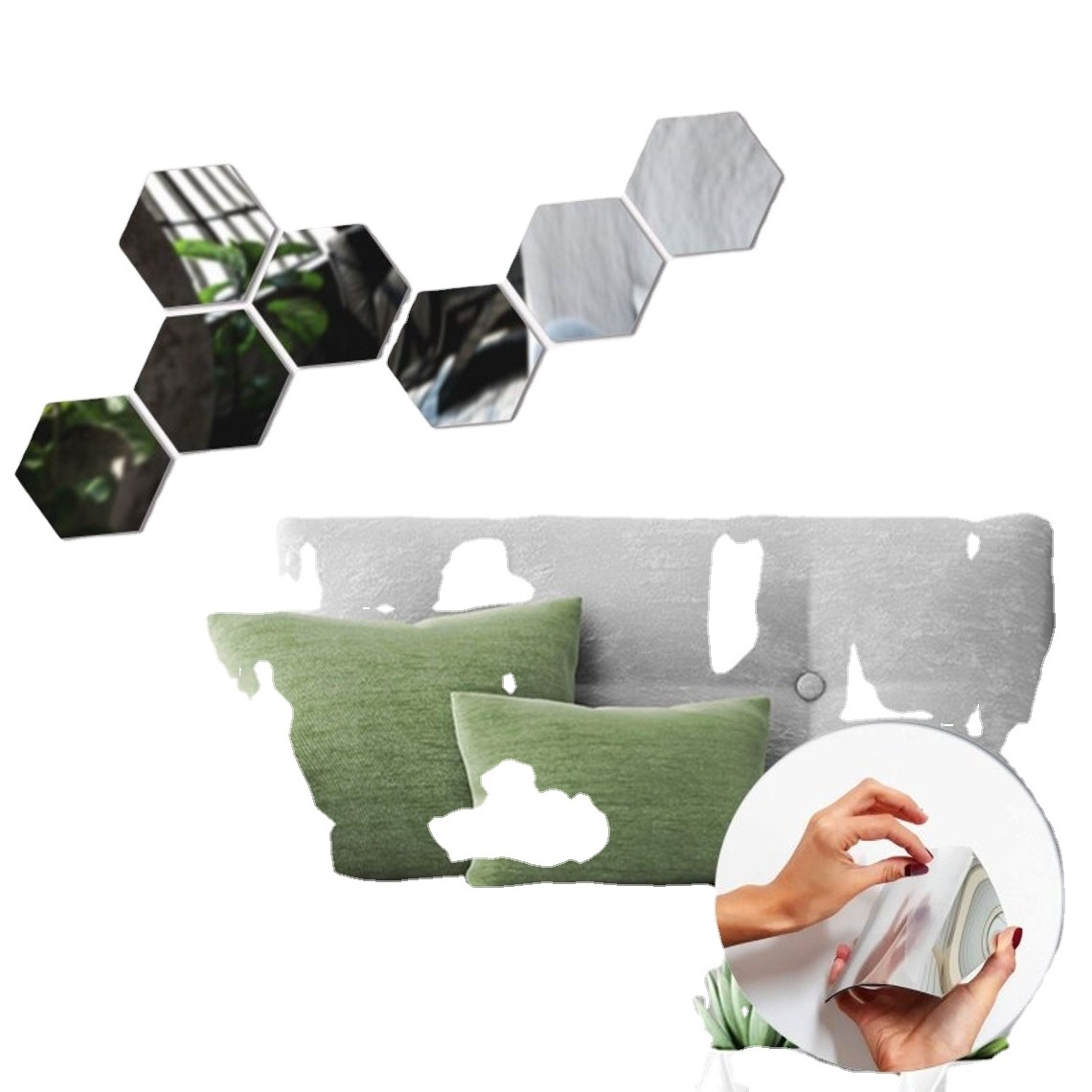 Hexagon Shape Mirror Wall Decor, 8 pcs Mirror Effect Wall Decal, Silver