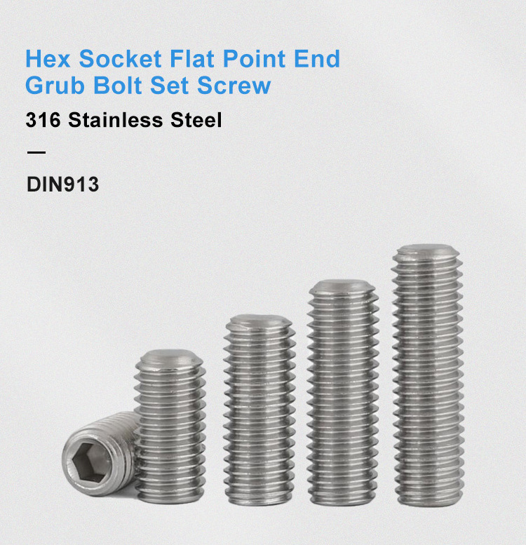 M3 M4 M5 M6 M8 M10 M12 M14 M16 DIN913 A4-70 316 Stainless Steel Allen Head Hex Hexagon Socket Flat Point End Grub Bolt Set Screw