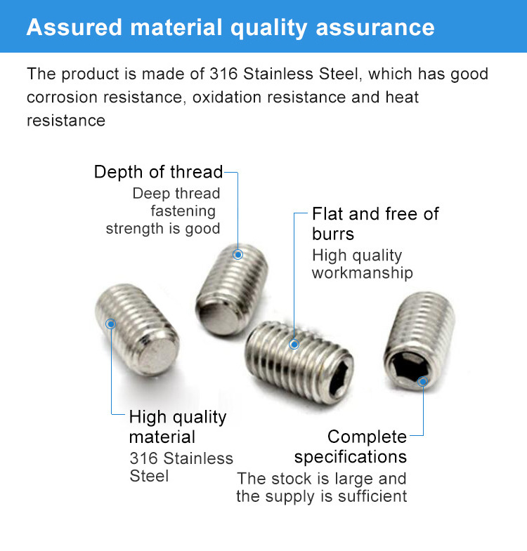 M3 M4 M5 M6 M8 M10 M12 M14 M16 DIN913 A4-70 316 Stainless Steel Allen Head Hex Hexagon Socket Flat Point End Grub Bolt Set Screw