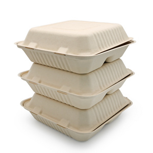 Eco Friendly Biodegradable Food Packing Container Pulp Burger Box Clamshell tableware set bagasse takeaway box