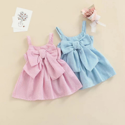 MIOZING  Toddler Baby Girls Sleeveless Dress Front Bowknot Stripe Sling Dress Summer Fashion Princess Casual  smocking Dress