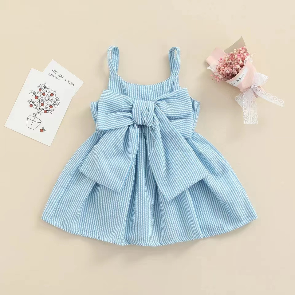 MIOZING  Toddler Baby Girls Sleeveless Dress Front Bowknot Stripe Sling Dress Summer Fashion Princess Casual  smocking Dress