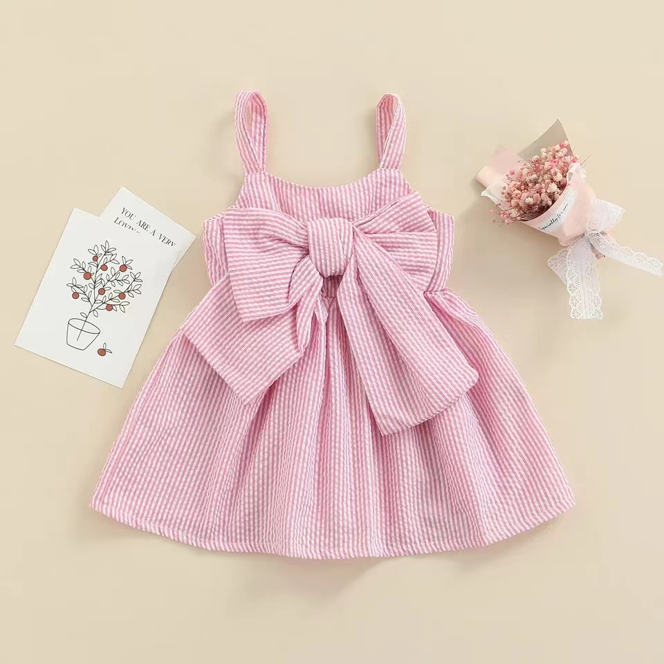 MIOZING  Toddler Baby Girls Sleeveless Dress Front Bowknot Stripe Sling Dress Summer Fashion Princess Casual  smocking Dress