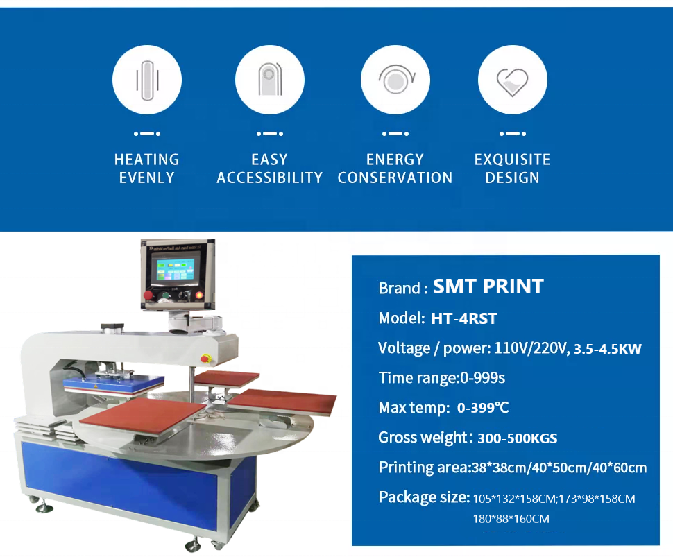 factory price full automatic 4 heat platen pneumatic rotary heat press for apparel textile tshirts garment