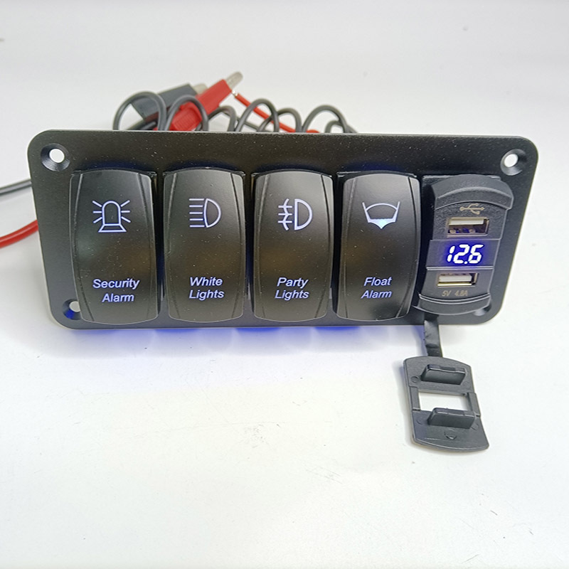 4 Gang Rocker Switch Panel with 4.8 Amp Dual USB Charger Voltmeter Waterproof 12V 24V DC Rocker Switch with Glow Stickers