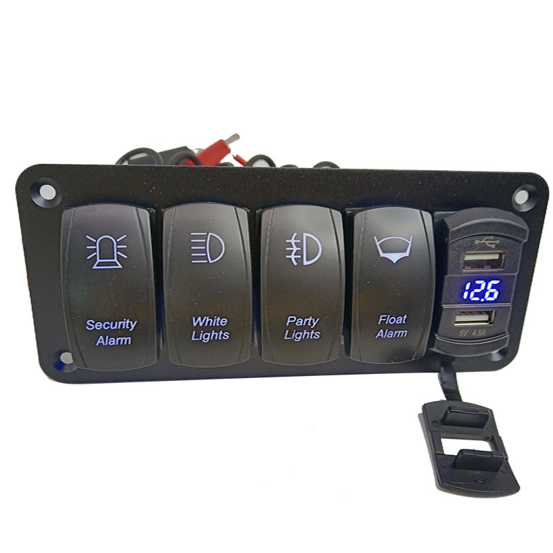 4 Gang Rocker Switch Panel with 4.8 Amp Dual USB Charger Voltmeter Waterproof 12V 24V DC Rocker Switch with Glow Stickers