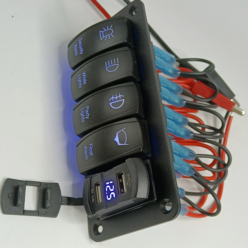 4 Gang Rocker Switch Panel with 4.8 Amp Dual USB Charger Voltmeter Waterproof 12V 24V DC Rocker Switch with Glow Stickers