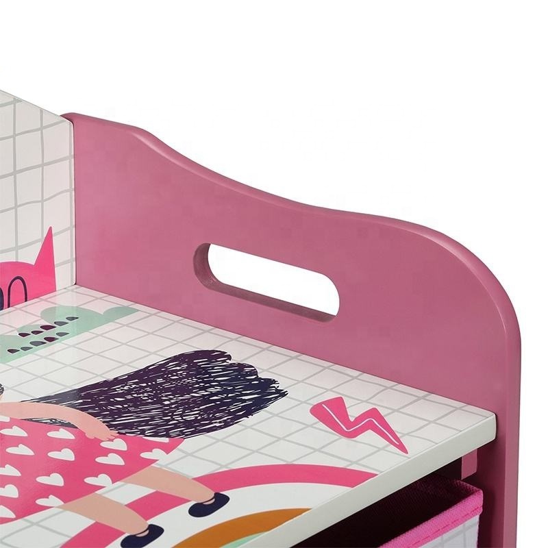 Wooden children's storage box Toy bench Children's furniture Pink girls Large toy storage box Two fabric drawers