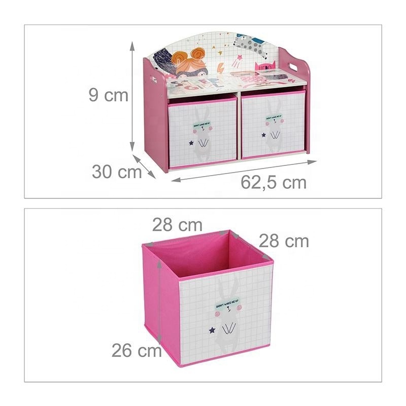 Wooden children's storage box Toy bench Children's furniture Pink girls Large toy storage box Two fabric drawers