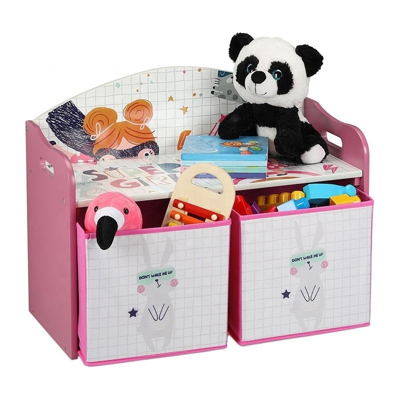 Wooden children's storage box Toy bench Children's furniture Pink girls Large toy storage box Two fabric drawers